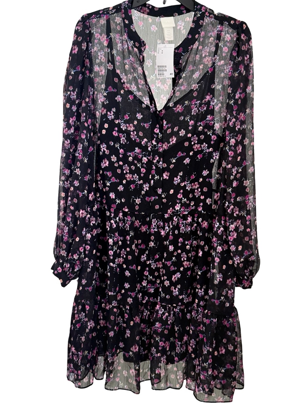 NWT H&M Black Long-Sleeve Tiered Sheer Dress with Pink Floral Print Boho